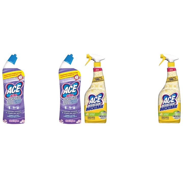 Ace Cleaning Set 4 x Valuepack, 2 x Power Gel 750 ml virágos, 2 x konyhai zsíroldó spray oldat 650 ml citromos, friss illatú, virágos illatú, vízkő elpusztító, gyors és hatékony, bőrgyógyászatilag tesztelt, hosszan tartó frissesség, maximális hatékonyság
