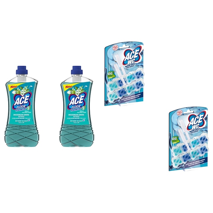 Ace Cleaning Set 4 x Valuepack, 2 x Floor Solution 1 l fehér pézsma talkum, 2 x WC-frissítő 2 x 48 g Marine Breeze, friss aroma, eelpusztítja a vízkövet, gyors és hatékony, bőrgyógyászatilag tesztelt, hosszan tartó frissesség, maximális hatékonyság