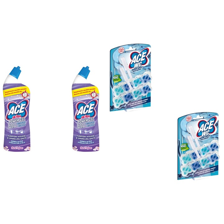 Ace tisztító készlet 4 x Valuepack, 2 x Power Gel 750 ml virágos, 2 x WC-frissítő 2 x 48 g Marine Breeze, friss aroma, virágos illat, vízkőoldó, gyors és hatékony, bőrgyógyászatilag tesztelt, hosszan tartó frissesség, maximális hatékonyság