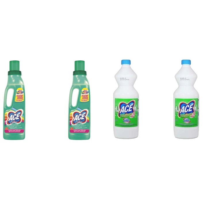 Ace Cleaning Set 4 x Valuepack, 2 x Stain Solution 1 l Normal Color, 2 x Bleach 1 l Illatosított esőcsepp, friss aroma, virágillat, vízkő elpusztítása, gyors és hatékony, bőrgyógyászatilag tesztelt, hosszan tartó frissesség, maximális hatékonyság