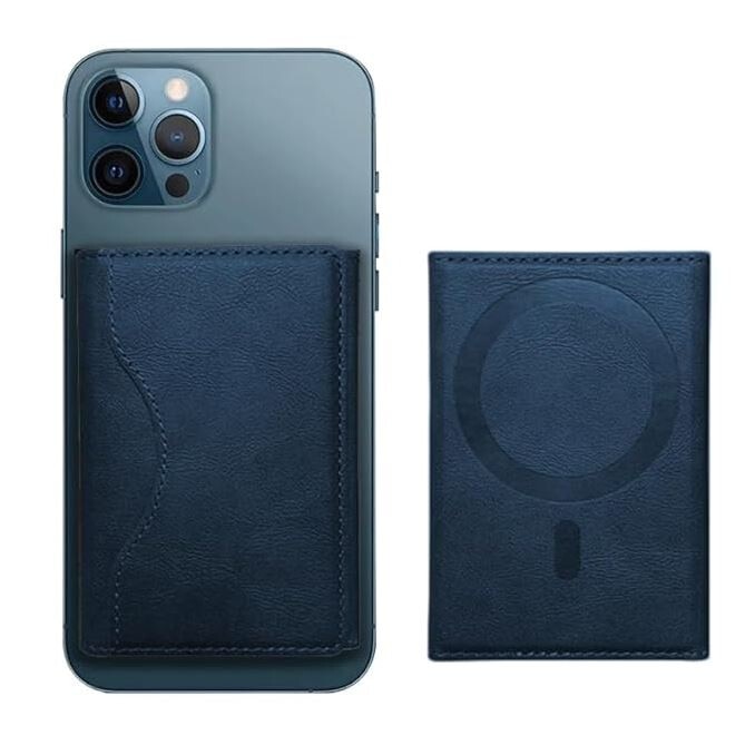 Portofel MagSafe pentru iPhone, Tri-Fold, 6 Compartimente pentru Carduri, Suport triunghi, Leather effect, Albastru