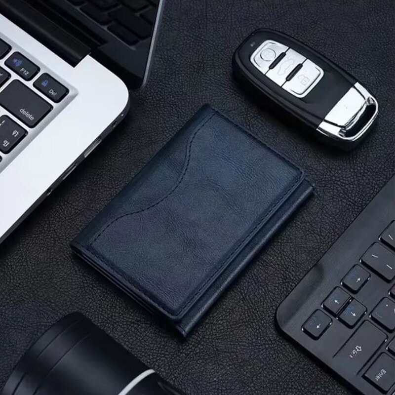 Portofel MagSafe pentru iPhone, Tri-Fold, 6 Compartimente pentru Carduri, Suport triunghi, Leather effect, Albastru