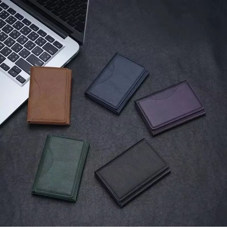 Portofel MagSafe pentru iPhone, Tri-Fold, 6 Compartimente pentru Carduri, Suport triunghi, Leather effect, Albastru