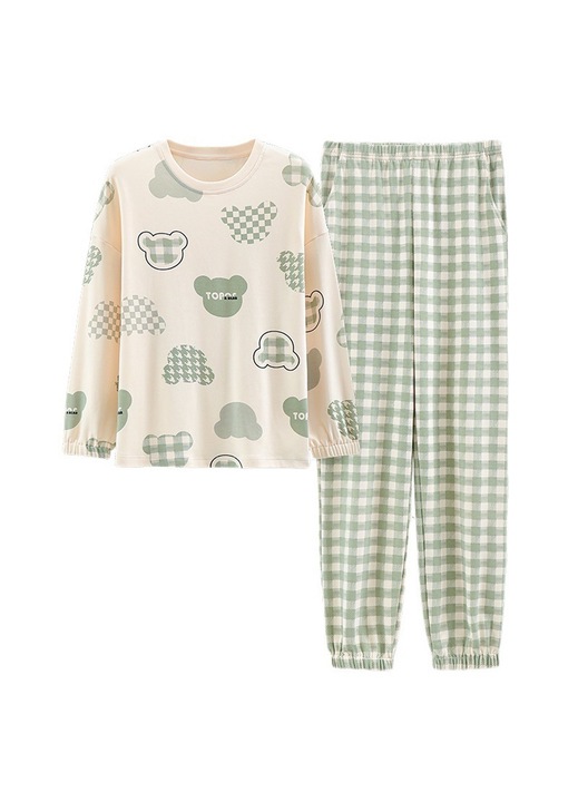 Női pizsama szett, Jormftte, 2 részes, hosszú ujjú, zöld, pamut