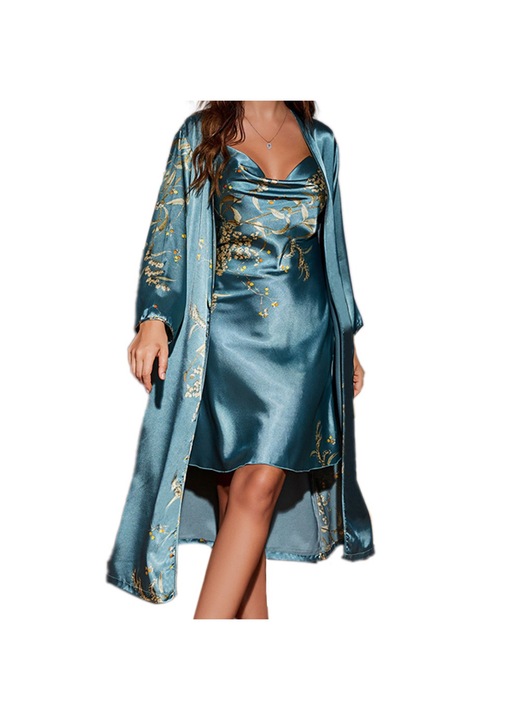 Jormftte női pizsama szett, 2 db, virágos selyemköpeny, hálóing, zöld