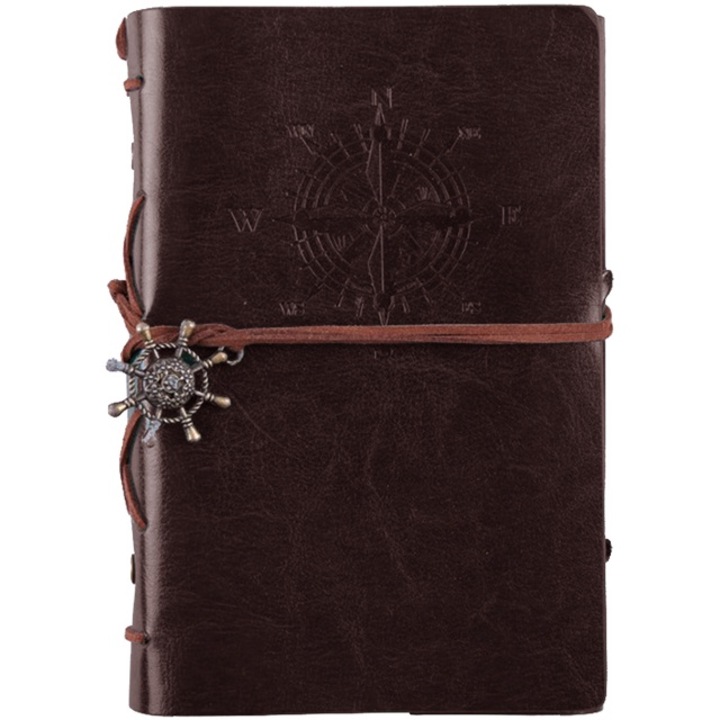 Agenda, design pirat, format A6, inchidere cu snur, 80 foi, coperta din piele ecologica, maro inchis