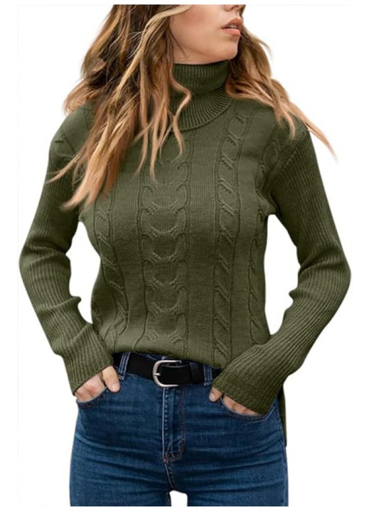 Női pulóver Jormftte, magas nyakú, hosszú ujjú, kötött, zöld