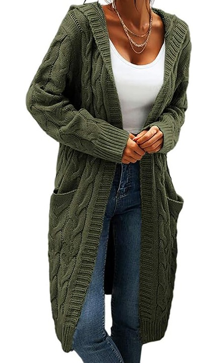 Női kardigán, Jormftte, vastag kötött, kapucnis, két zseb, zöld