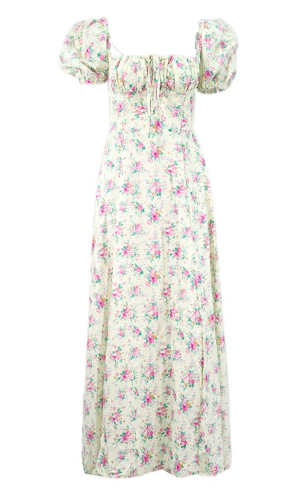 Jormftte midi ruha, virágos zöld, puffos ujjú, szögletes nyakú, poliészter, fehér, XL INTL