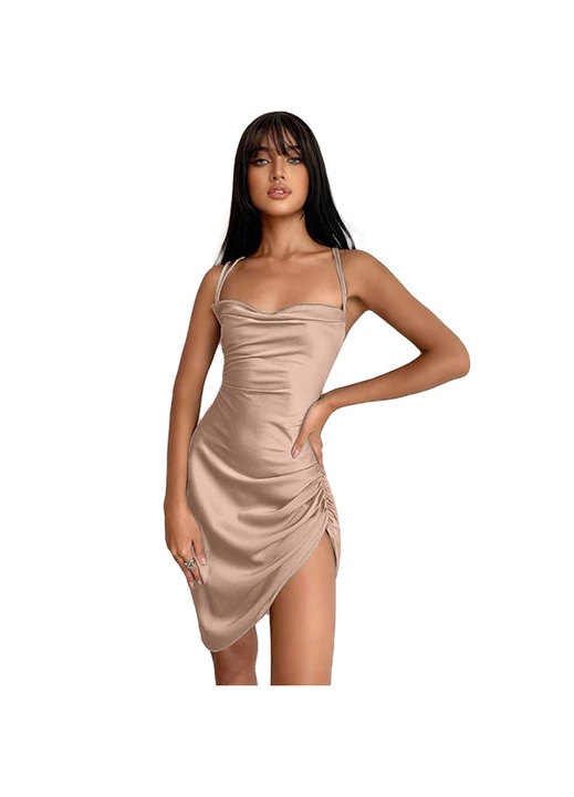 Női ruha, Jormftte, szatén, állítható vékony pántok, gallér típusú dekoltázs, bézs, poliészter