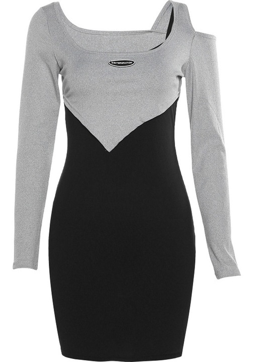 Jormftte testhezálló mini ruha, egyvállas, rugalmas, fekete/szürke, poliészter