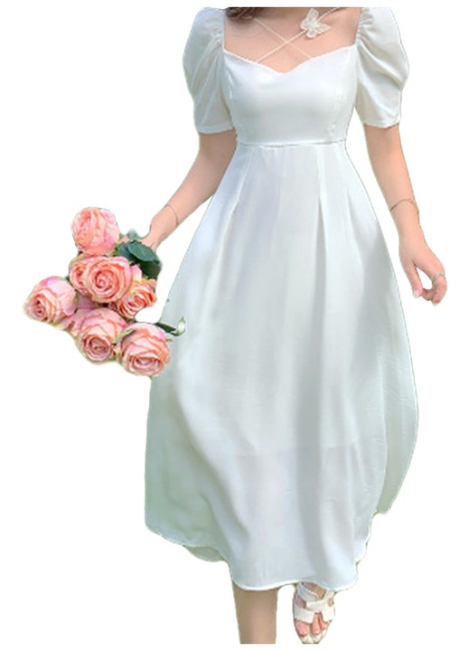 Női ruha, Jormftte, négyzet alakú dekoltázs, puffos ujjak, fehér, poliészter