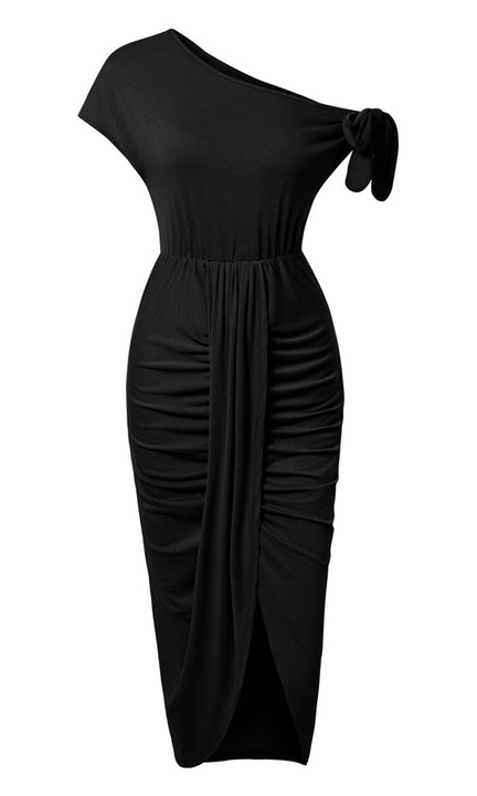 Jormftte testhezálló maxiruha, egyvállas, fodros, fekete, poliészter