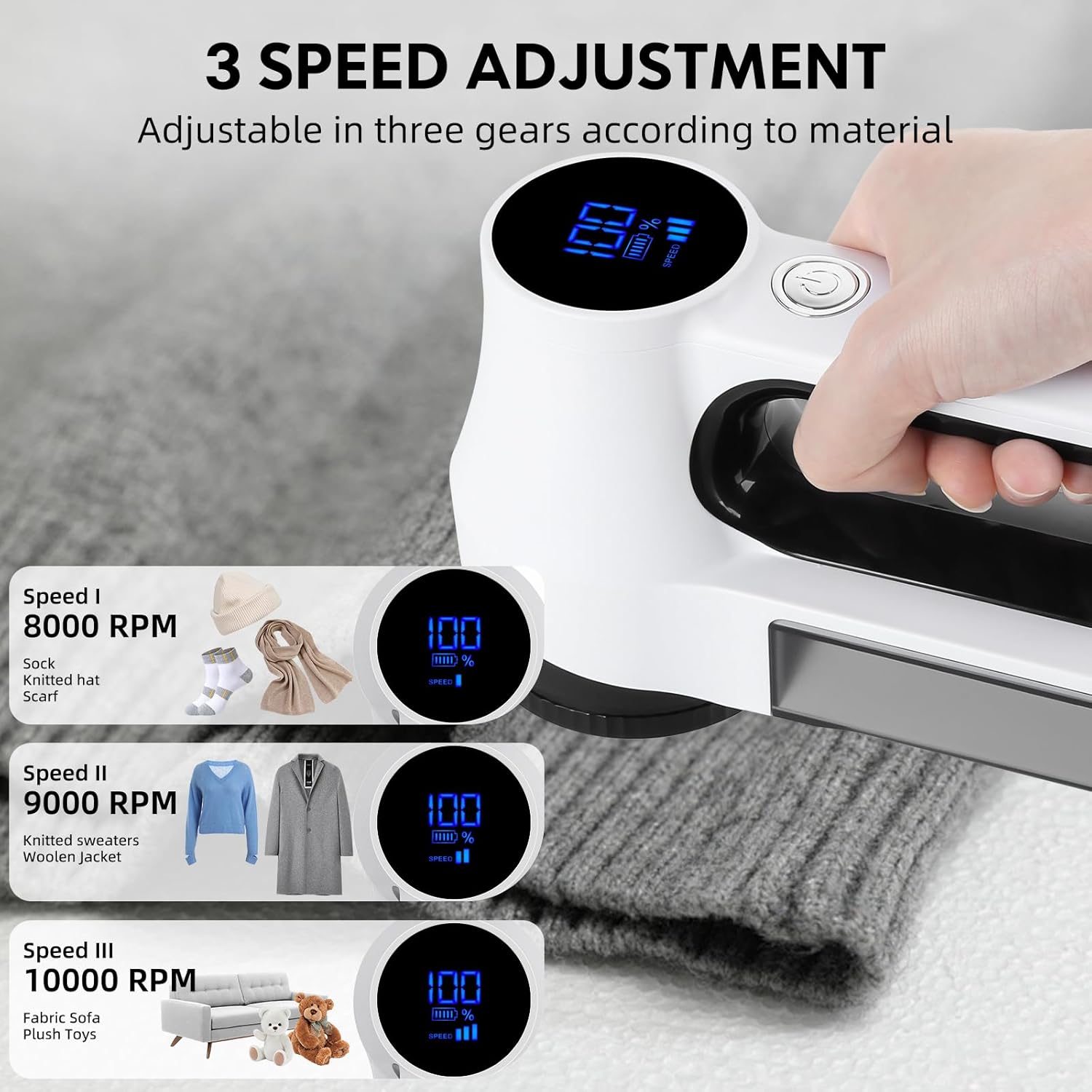Aparat de curatat scame reincarcabil, cu display LED, cu 3 viteze, acumulator 2500 mAh, 10000 Rpm, lama cu 6 cutite, recipient colectare detasabil, universal