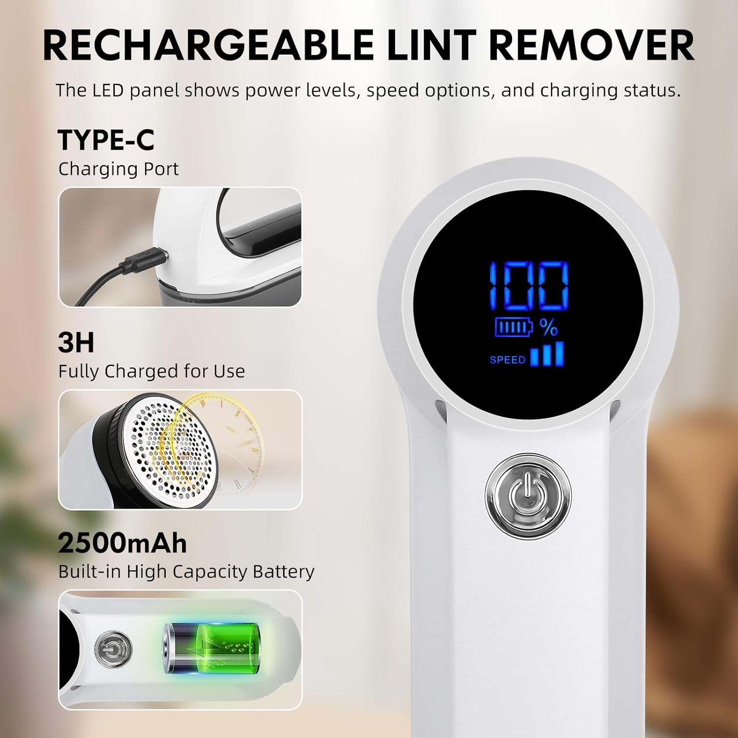 Aparat de curatat scame reincarcabil, cu display LED, cu 3 viteze, acumulator 2500 mAh, 10000 Rpm, lama cu 6 cutite, recipient colectare detasabil, universal