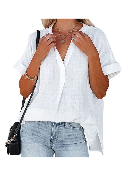 Női póló Jormftte, V-nyakú, rövid ujjú, laza szabású, fehér, poliészter