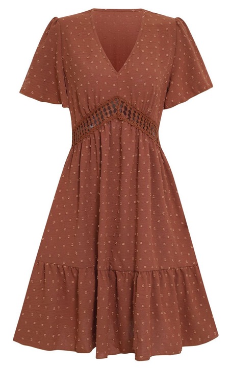 Jormftte alkalmi ruha, virágos, rövid ujjú, V-nyakú, barna, prémium anyag