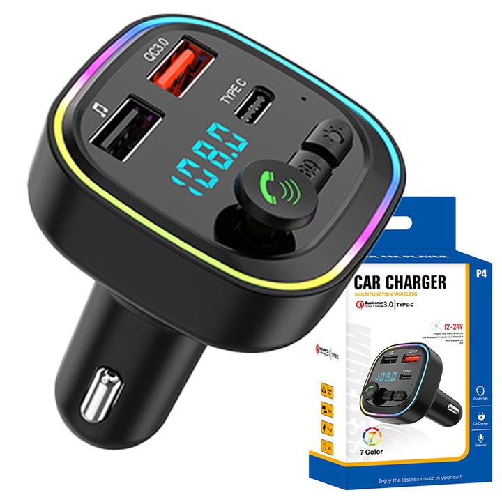 Bluetooth FM предавател за кола, бързо зарядно QC3.0, MP3 плейър, поддръжка на TF карта и флаш диск, разговори със свободни ръце, 7 LED цвята