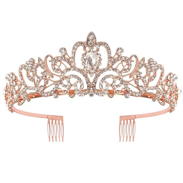 Тиара, Алуминиева, Булчинска тиара, тиара на принцеса, с искрящи кристали, Подходяща за жени, момичета, булки, сватби, абитуриентски балове, рождени дни, розово злато