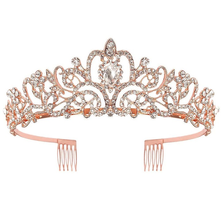 Diadema, Aliaj, Coronita mirasa, diadema tip printesa, ornamentation par, cu cristale stralucitoare, Potrivit pentaru femei, fete, mirese, nunti, baluri, petreceri de ziua de Nastere, Aur roz