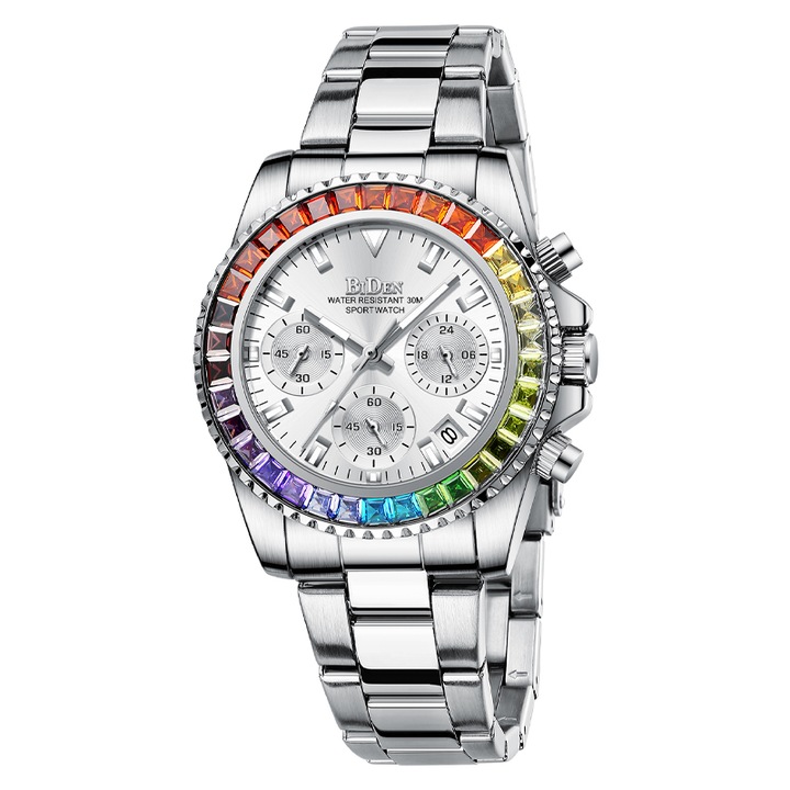 Biden női karóra, elegáns, cirkon szivárványos kerettel, fém, 38,5 mm, 3 ATM