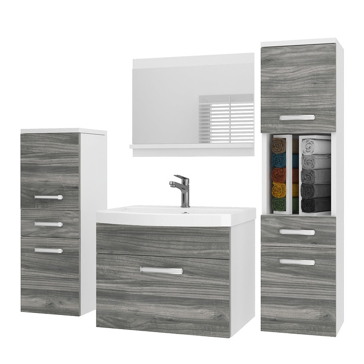 PRIMO 5 fürdőszobabútor készlet fürdőszobai bútorokból mosdóval és tükörrel Glamour Wood Belini