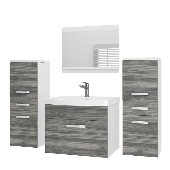 Set mobilier baie Belini cu oglinda, gri, 5 usi, 2 rafturi, 2 sertare, 120x38.7x81cm