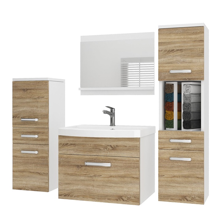 PRIMO 5 fürdőszobabútor készlet fürdőszobai bútor mosdóval és tükörrel Sonoma Oak Belini