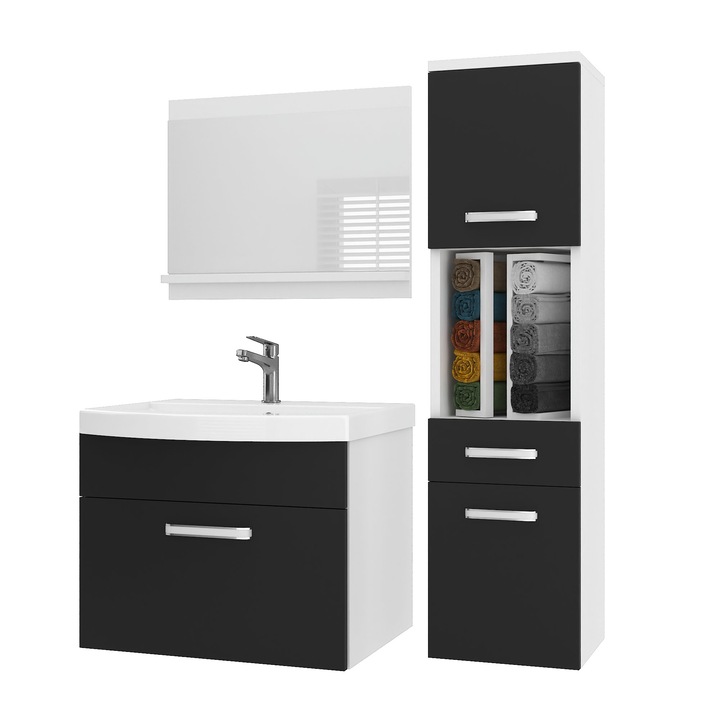 Set mobilier baie Belini cu oglinda, negru, 90x38.7x113.5cm