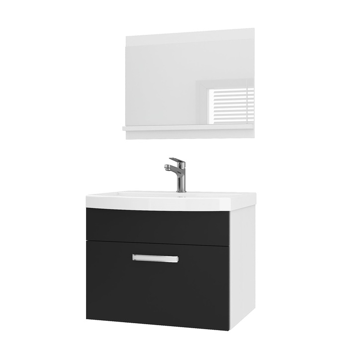 PRIMO Fürdőszobabútor 1 készlet fürdőszobai bútor mosdóval és tükörrel Fekete Belini