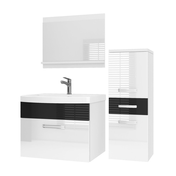 PRIMO 2 fürdőszobabútor készlet fürdőszobai bútor mosdóval tükörrel fehér-fekete fényű Belini