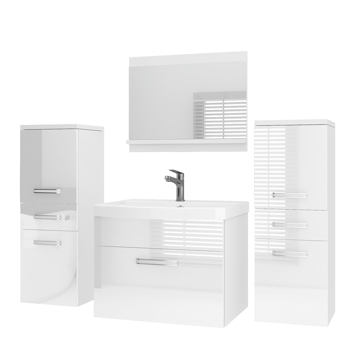 Set mobilier baie cu oglinda, Belini, alb lucios, 5 usi, 120x38.7x81.1cm