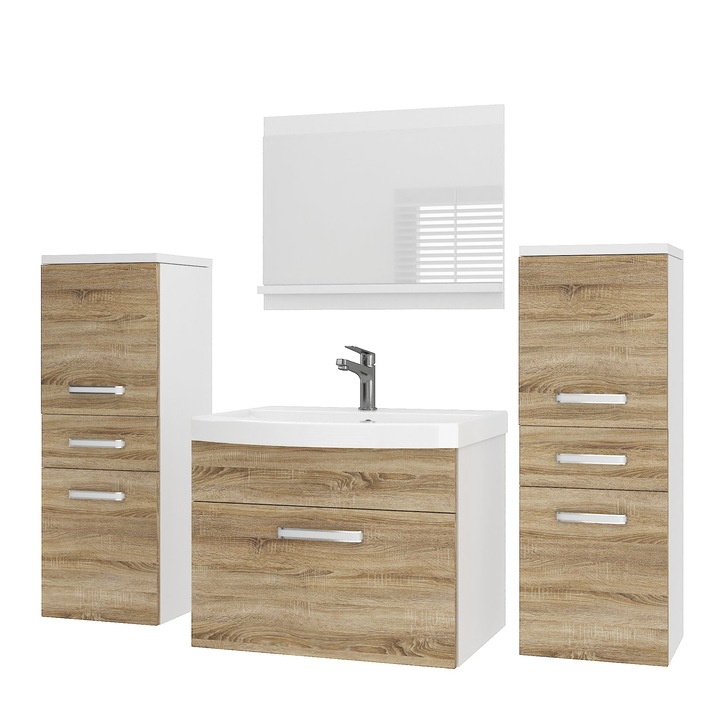 Set mobilier baie Belini, 5 usi, 2 rafturi, 2 sertare, stejar sonoma, 120x38.7x81cm