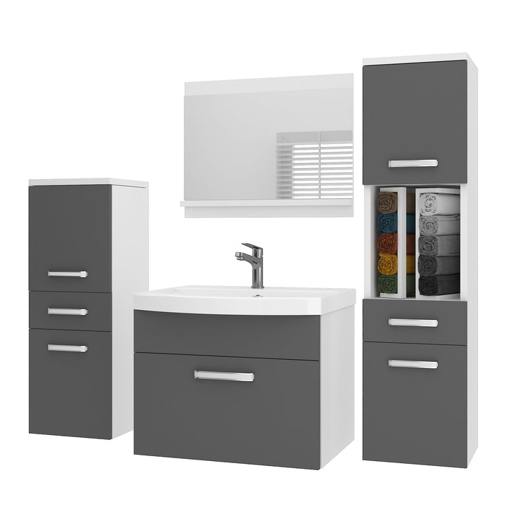 Set mobilier baie Belini cu oglinda, gri, 120x38.7x113.5cm, 5 usi, 2 rafturi, 2 sertare