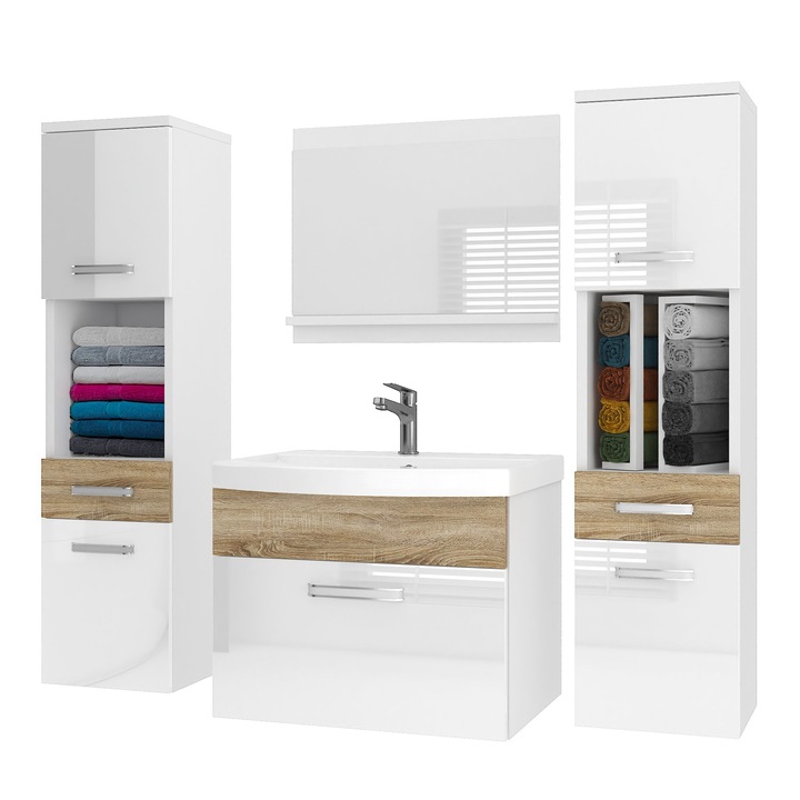 Set mobilier baie Belini cu oglinda, alb lucios, 5 usi, 2 sertare, 120x38.7x113.5cm