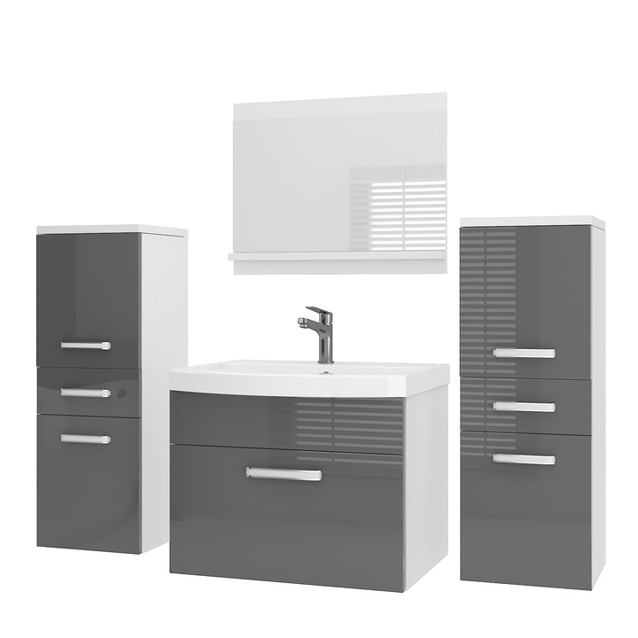 Set mobilier baie cu oglinda, Belini, gri lucios, 5 usi, 120x38.7x81cm