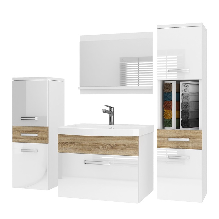 Set mobilier baie Belini cu oglinda, alb lucios, 5 usi, 2 rafturi, 2 sertare, 120x38.7x113.5cm