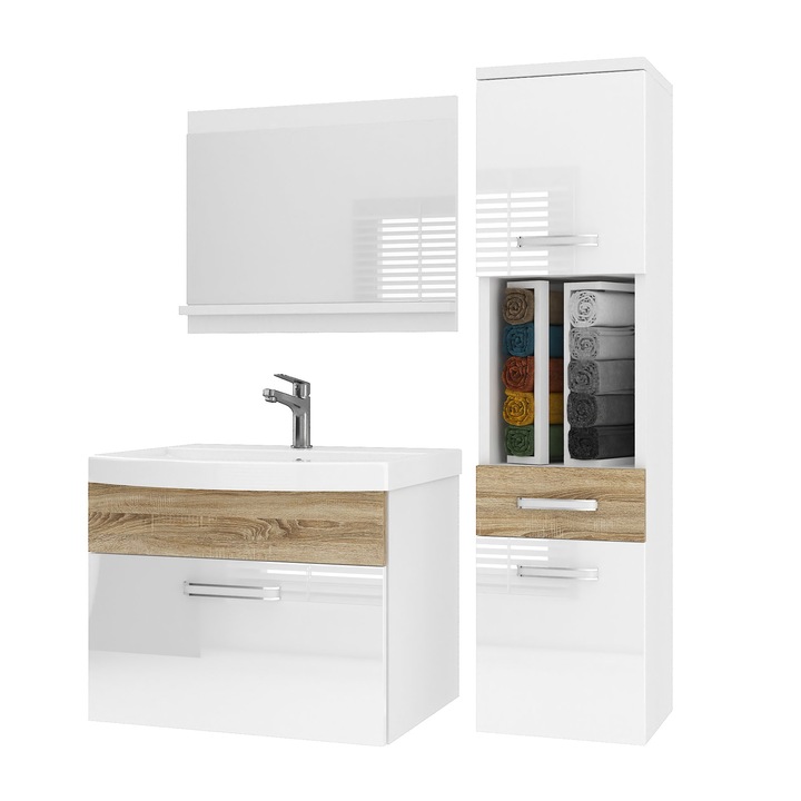 PRIMO 3 fürdőszobabútor készlet fürdőszobai bútor mosdóval és tükörrel, fehér fényű Wotan tölgy Belini