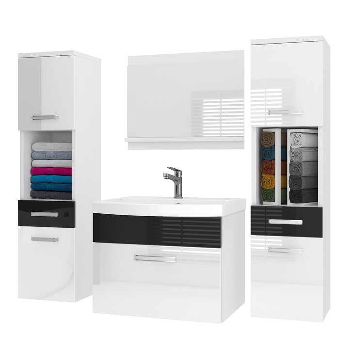 Set mobilier baie Belini PRIMO 6 cu oglinda, alb-negru lucios, 120x38.7x113.5cm