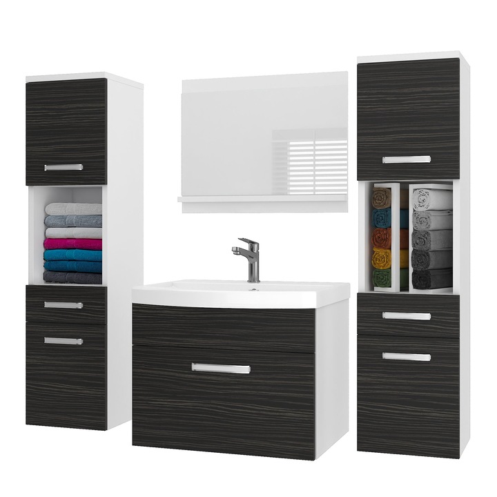 Set mobilier baie Belini cu oglinda, 5 usi, 2 rafturi, 2 sertare, culoare ebony, 120x38.7x113.5cm