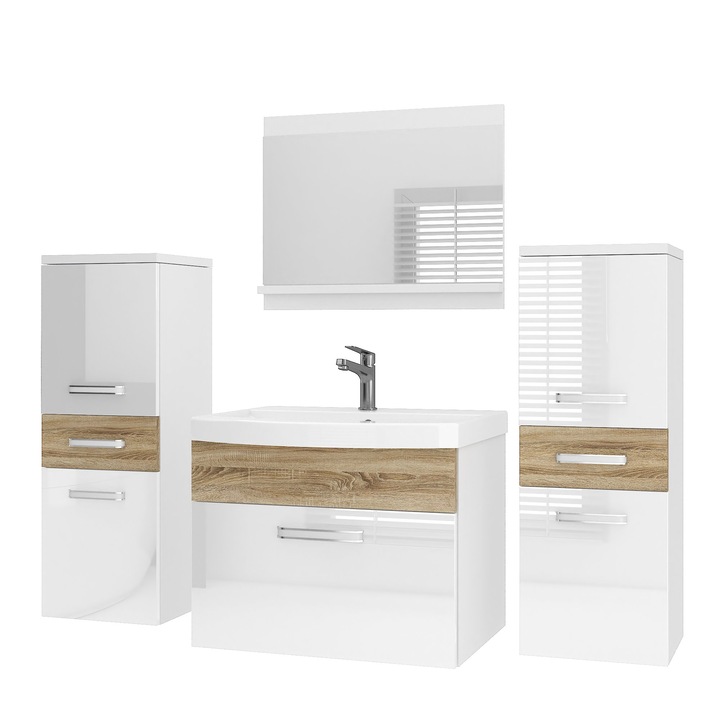 PRIMO 4 fürdőszobabútor készlet fürdőszobai bútor mosdóval és tükörrel, fehér fényű Wotan tölgy Belini