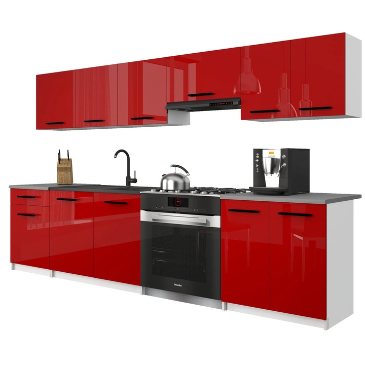 Set mobila bucatarie Belini Italia 2, blat inclus, rosu, 240x180cm
