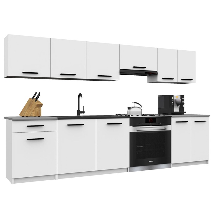 Set mobila bucatarie Belini Italia 2, alb mat, 11 usi, blat inclus, 240x30cm, 180x45cm