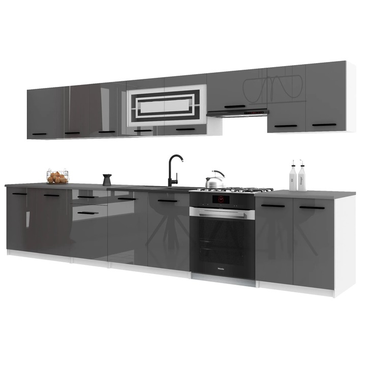 Set mobilier bucatarie Belini Italia, blat inclus, gri, 320x45 cm