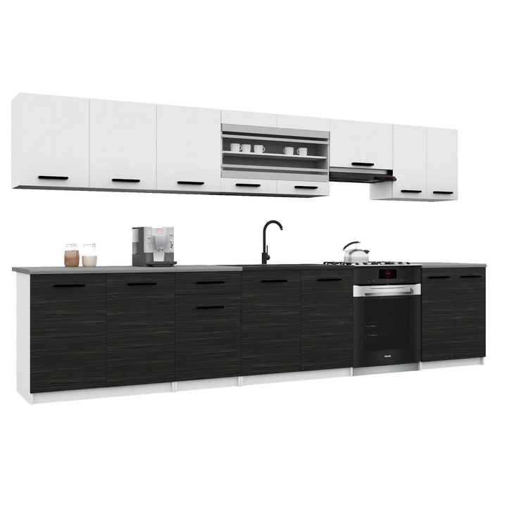 Set mobila bucatarie Belini, Italia, blat inclus, alb/negru, 15 usi, 320x30cm, 260x45cm, 85cm inaltime