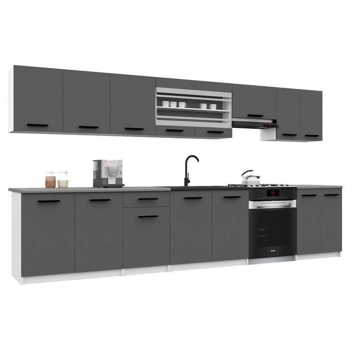 Set mobilier bucatarie Belini Italia, gri mat, 15 usi, blat inclus, 320x45cm