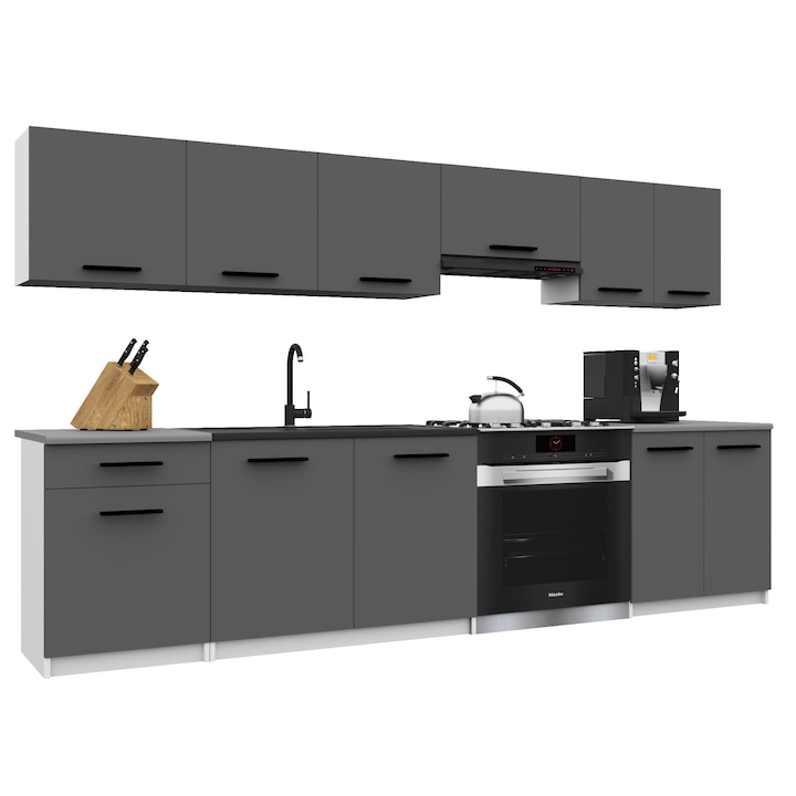 Set mobilier bucatarie Belini Italia, gri, 11 usi, blat inclus, 240x30cm (superioare), 180x45cm (inferioare)