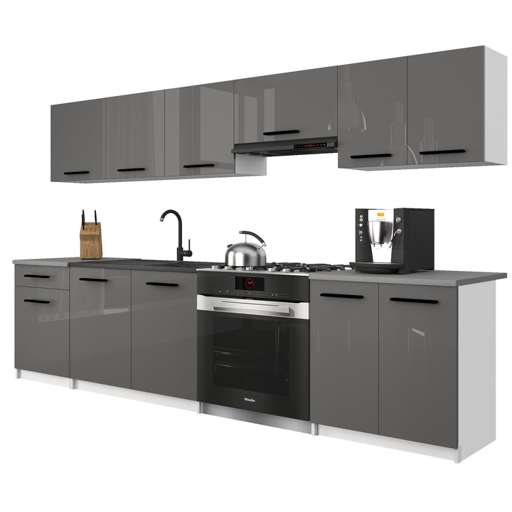 Set mobilier bucatarie Belini, 11 usi, 1 sertar, blat inclus, gri, 240x30cm (superioare), 180x45cm (inferioare)