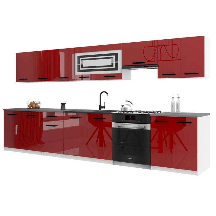 Set mobila bucatarie Belini Italia, blat inclus, rosu, 320x30cm, 260x45cm