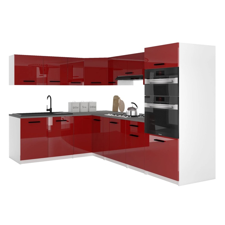 Set mobilier bucatarie Belini Italia 8, blat inclus, rosu, 420x360cm